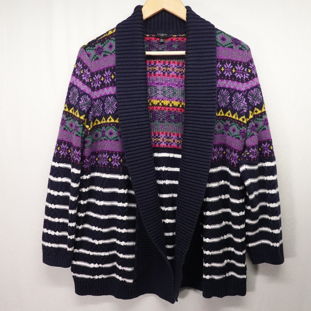 Talbots Cardigan Sweater Womens Petite XL Fair Isle Stripe Multicolor Open